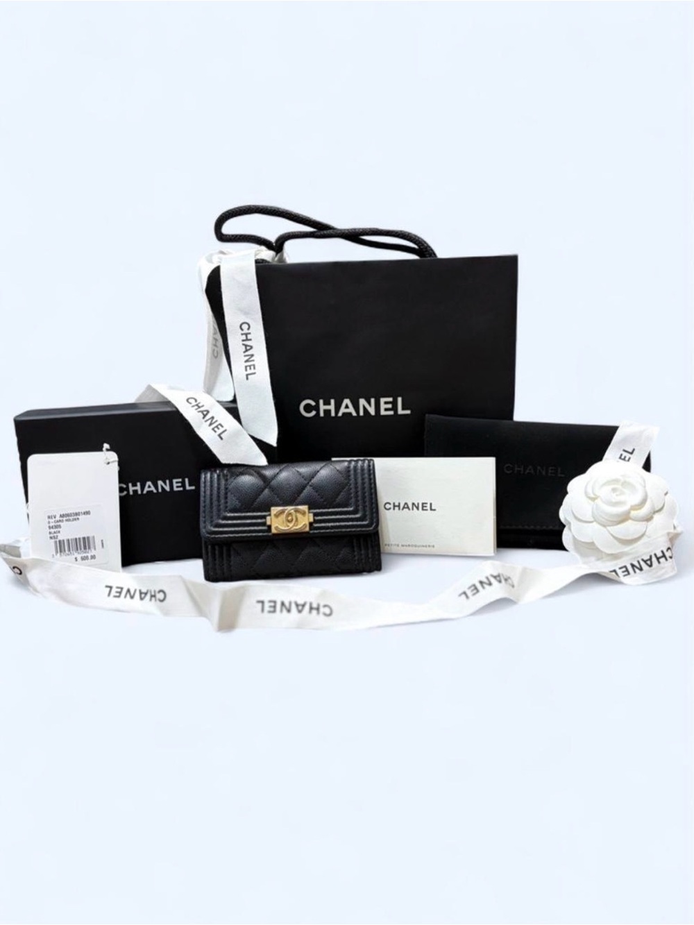 Chanel Boy Flap Card Holder Black Caviar GHW Authentic Full Set